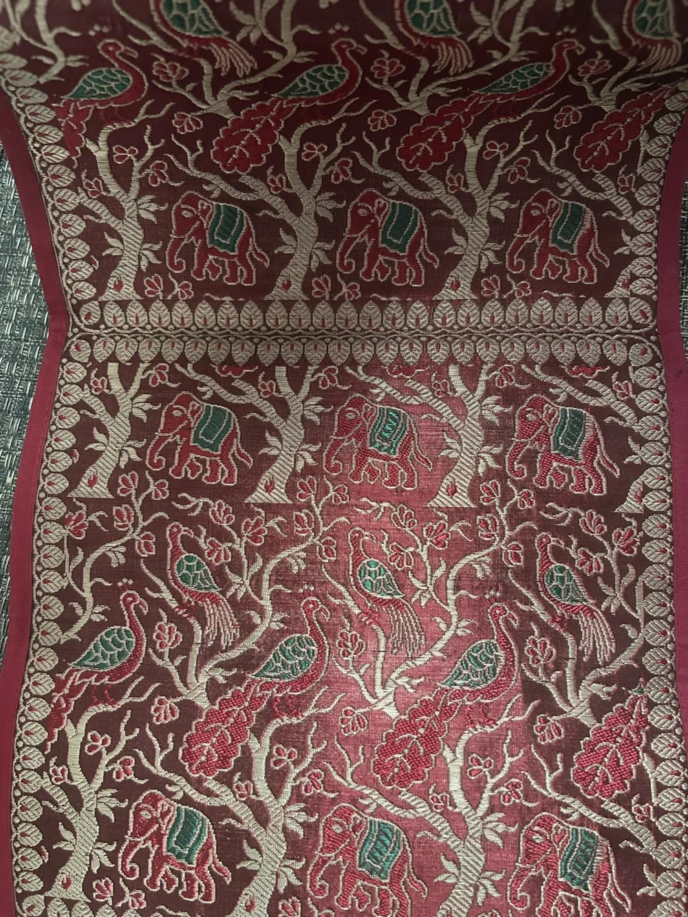 Embroidered Tapestry Wall Hanging with Elephants & Peacocks Gold, Red, Green